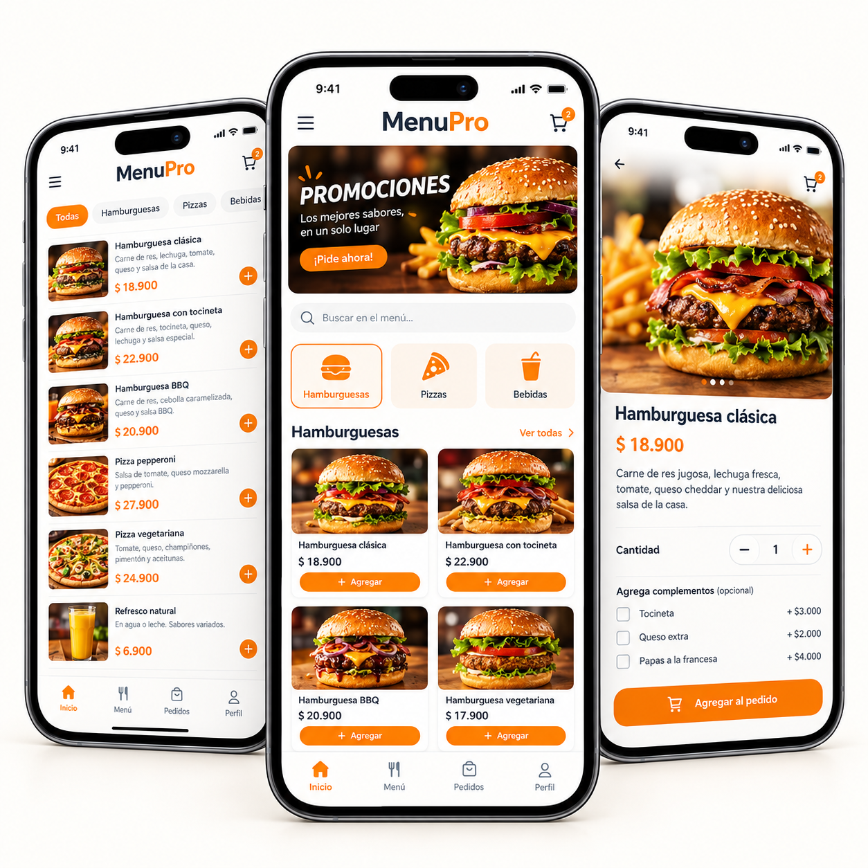 MenuPron en tres teléfonos: catálogo de productos, promociones y detalle de un plato